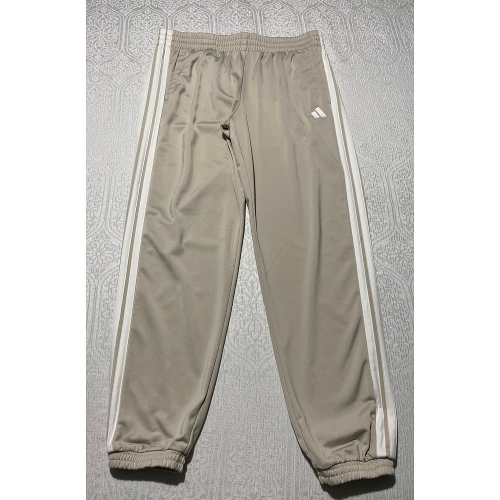 Adidas Mens XL Track Pants Beige Tan 3 Stripe Elastic Waist Joggers Sportswear